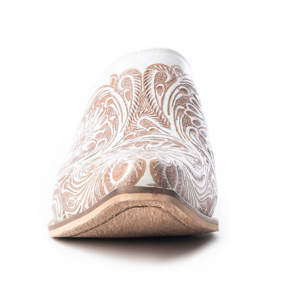 Myra Valeria White Leather Mules for Women - Handtooled Desert Bloom Pattern with Block Heels for Stylish Comfort