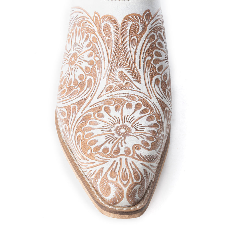 Myra Valeria White Leather Mules for Women - Handtooled Desert Bloom Pattern with Block Heels for Stylish Comfort