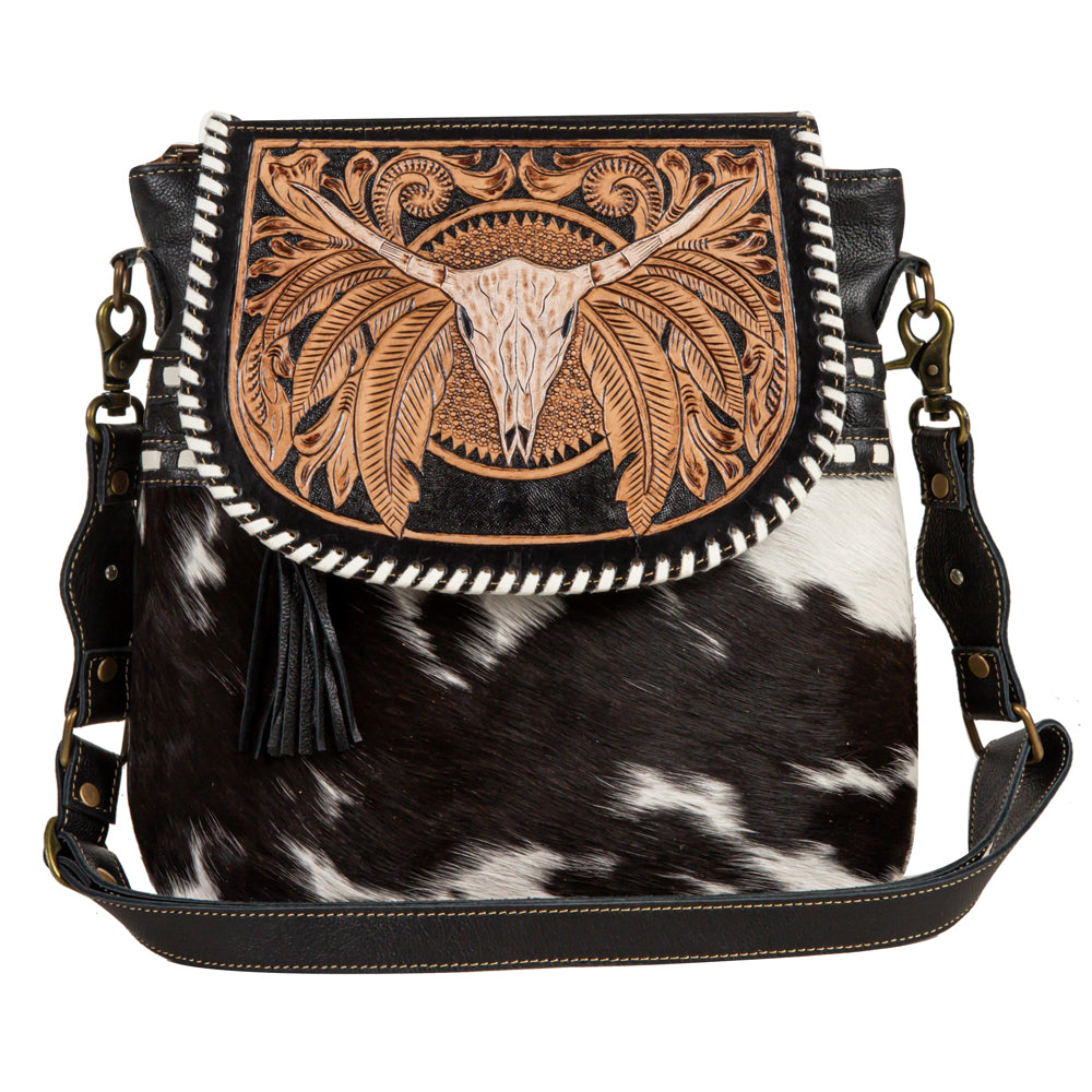 Myra Spirit of the Herd Hairon Leather Bag for Women Western Cowhide Purse with Intricate Tooling