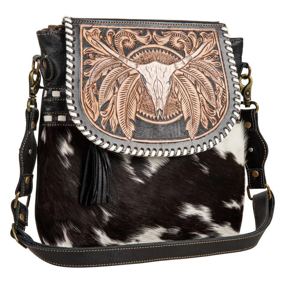 Myra Spirit of the Herd Hairon Leather Bag for Women Western Cowhide Purse with Intricate Tooling