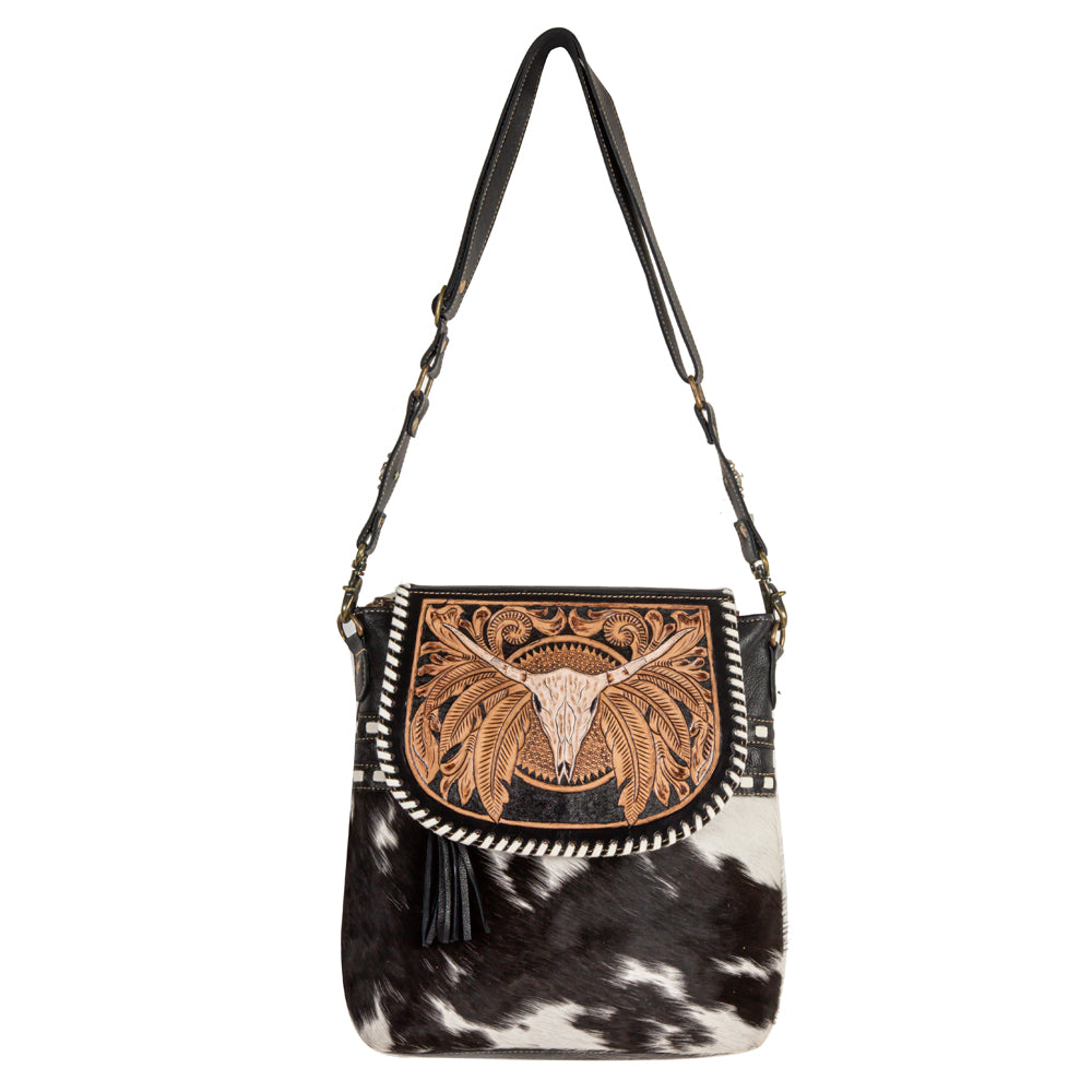 Myra Spirit of the Herd Hairon Leather Bag for Women Western Cowhide Purse with Intricate Tooling